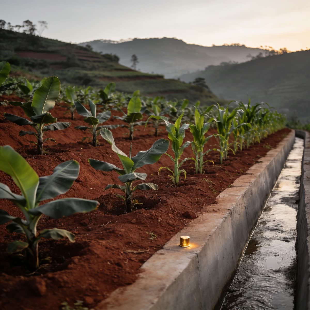 Ordered plantation rows on red laterite earth in the Ugandan highlands
