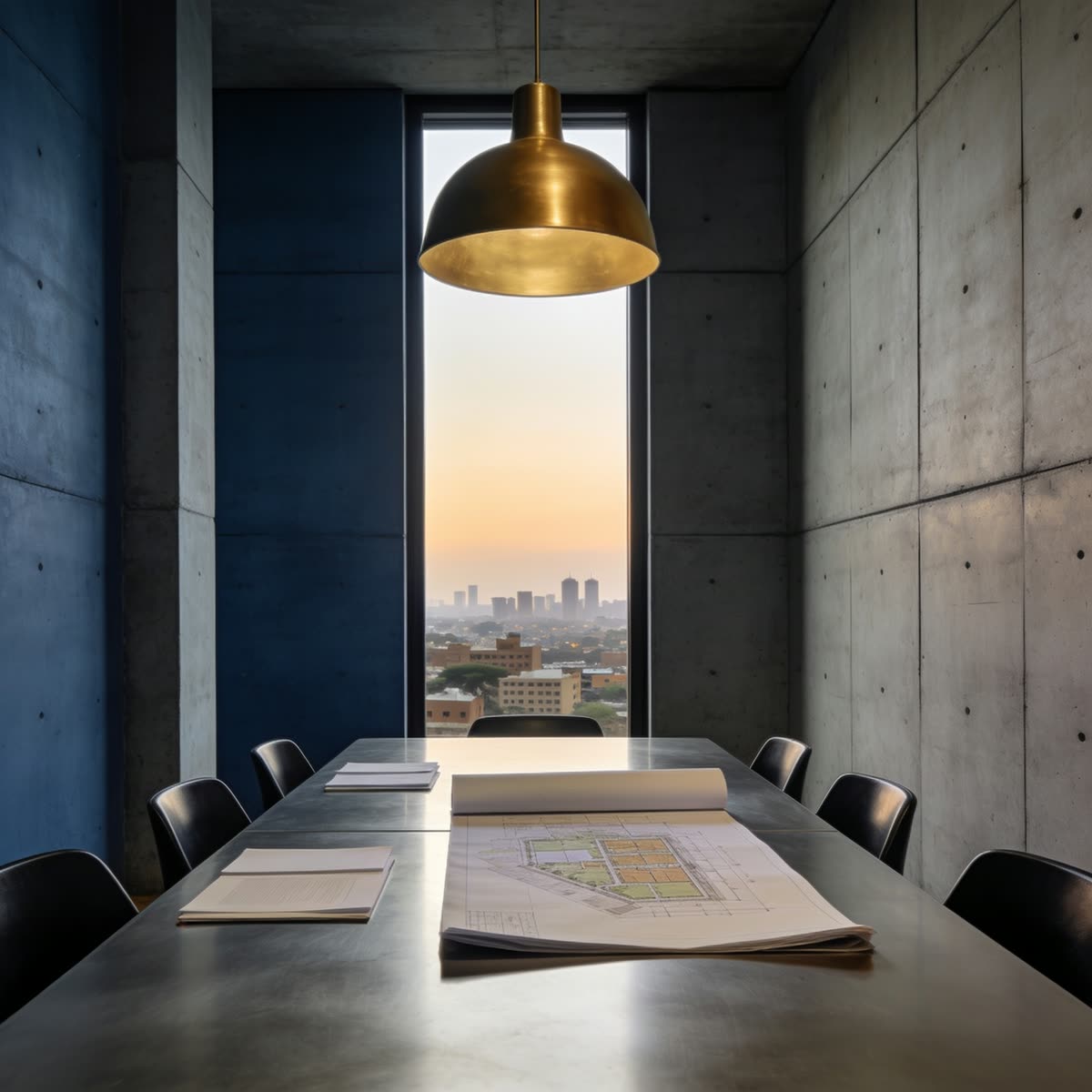 An empty boardroom with a steel table and a city skyline beyond
