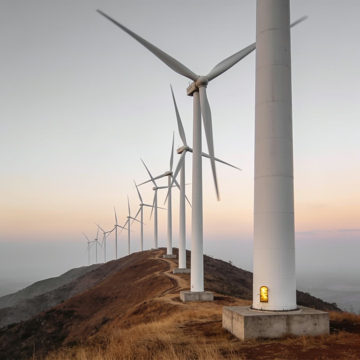 A row of wind turbines following a hillside ridge