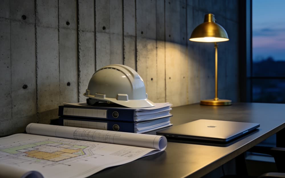 A desk with a folded site drawing, bound reports and a hard hat