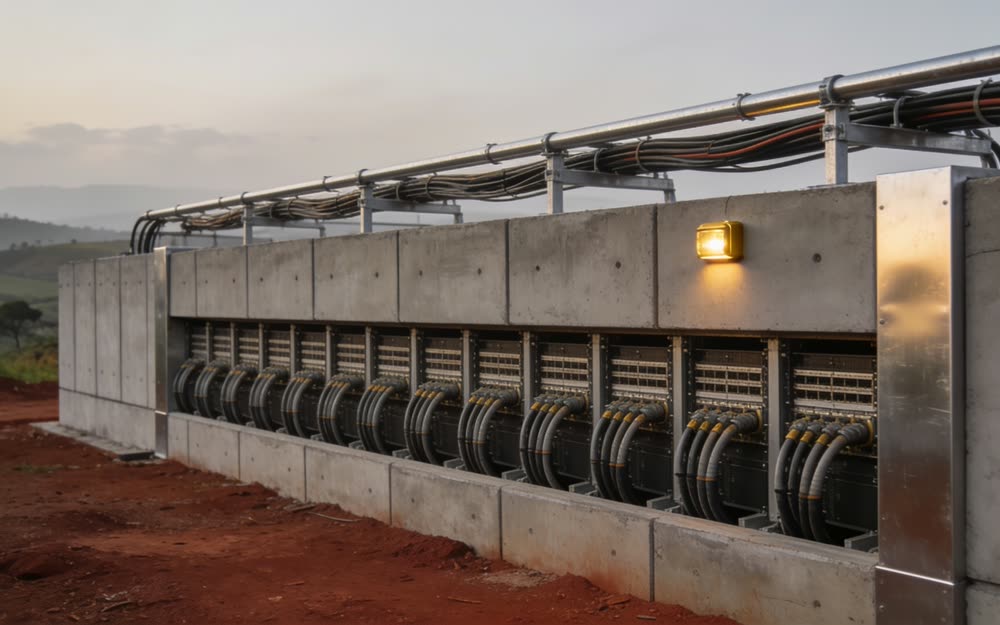 Ordered ranks of conduit entering a concrete wall