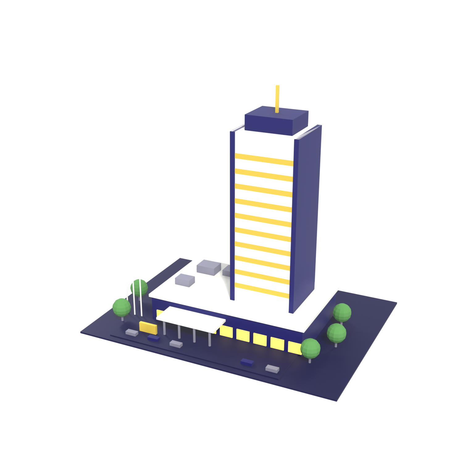 An isometric model of the Nomad Investments Limited offices: a glazed tower over a podium, with a forecourt and entrance canopy